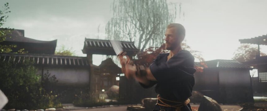 Male and Female Samurai Engaged in a Sword Fight on a Historic Japanese Courtyard. Cinematic Battle Blends Performance Art with Realistic Fighting Techniques. Slow Motion Cinema Robot Footage