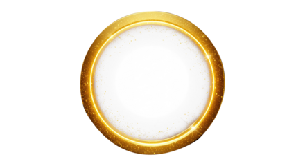 Golden circular round frame with sparkles and flares, featuring abstract luminous particles and a yellow stardust light effect on a transparent background. 