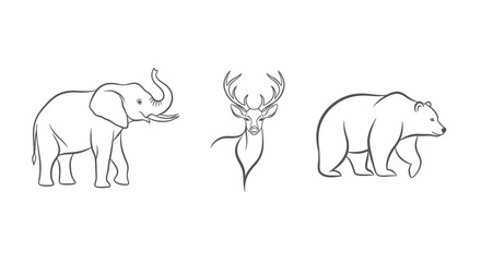 Elegant line art of elephant, deer, and bear perfect for branding, logos, and design projects.