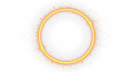 Golden circular round frame with sparkles and flares, featuring abstract luminous particles and a yellow stardust light effect on a transparent background. 