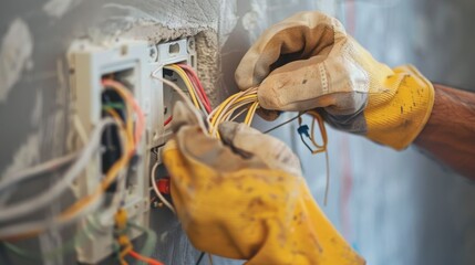"Electrician Installing In-Wall Wiring with Safety Gloves"