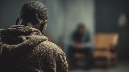 Grief Recovery. Rear View of Upset Man Seeking Psychological Support for Addiction and Abuse