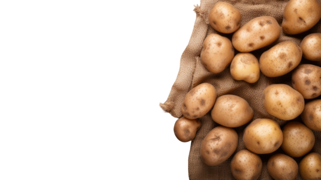Rustic flat lay of fresh brown potatoes spilling on white background