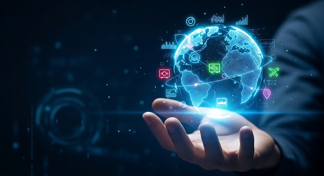 Hand holding glowing digital globe with data streams and icons earth planet