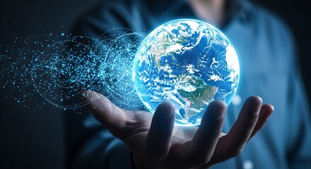 Hand holding glowing Earth with digital data streams and light particles globe planet
