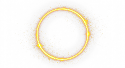 Golden circular round frame with sparkles and flares, featuring abstract luminous particles and a yellow stardust light effect on a transparent background. 