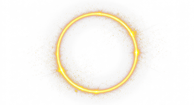Golden circular round frame with sparkles and flares, featuring abstract luminous particles and a yellow stardust light effect on a transparent background. 