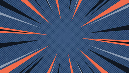 Energetic dark blue pop art background with halftone dots and striking orange speed rays, perfect for comic book covers, posters, banners, gaming themes and creative projects.