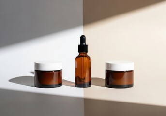 Minimalist skincare product display with amber glass jars and dropper