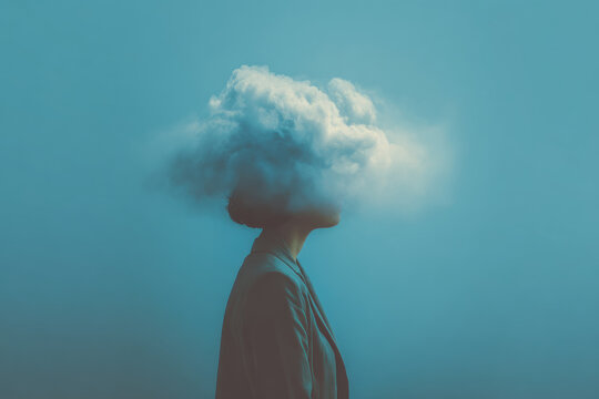 Woman head hidden by soft cloud on blue background, mental health, brain fog