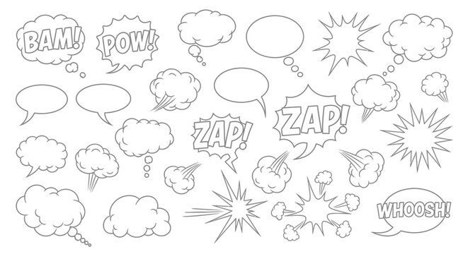 Dynamic comic book speech bubbles and sound effects for impactful creative projects and designs