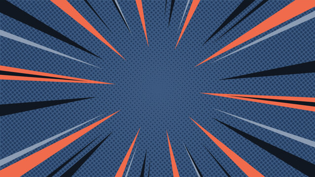 Energetic dark blue pop art background with halftone dots and striking orange speed rays, perfect for comic book covers, posters, banners, gaming themes and creative projects.