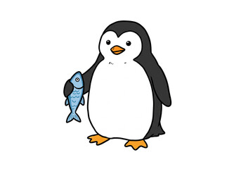 Obraz premium Cartoon Penguin Holding Fish Illustration on Black Background png, isolated on transparent background