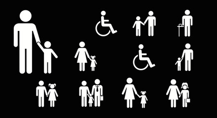 Collection of diverse family and disability pictogram icons.