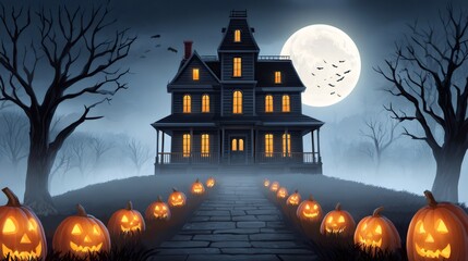 Haunted house with glowing pumpkins and bats flying under full moon