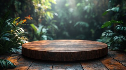Fototapeta premium Wooden Round Display Amid Lush Tropical Foliage