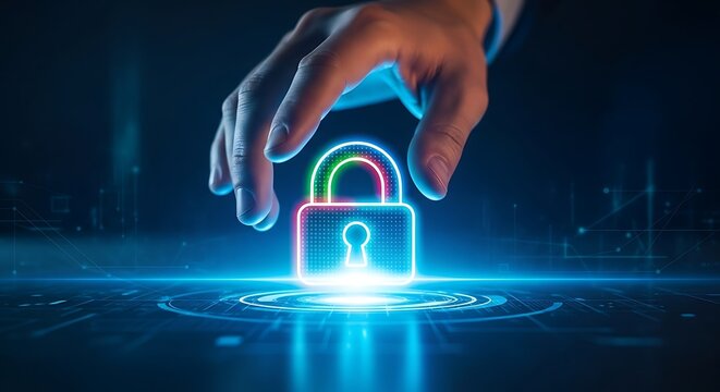 Hand reaching towards glowing digital padlock on futuristic interface security data protection