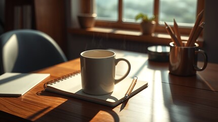 Steaming coffee mug rests on open notebook beside pencils, bathed in warm morning sunlight on a wooden desk