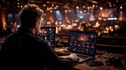 Video editor working with two laptops during a live show