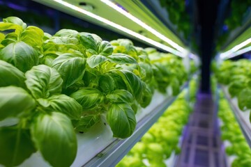 Hydroponics Home: Basil Cultivation with LED Artificial Lighting in Colorful Background