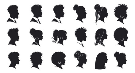 Diverse modern silhouettes showcase stylish hairstyles and professional attire for men and women