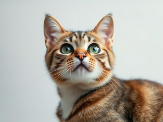 Fototapeta premium an image of a cat with green eyes looking up, there is a cat that is looking up at something