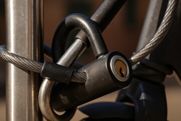 Steel cable lock securing bike to post