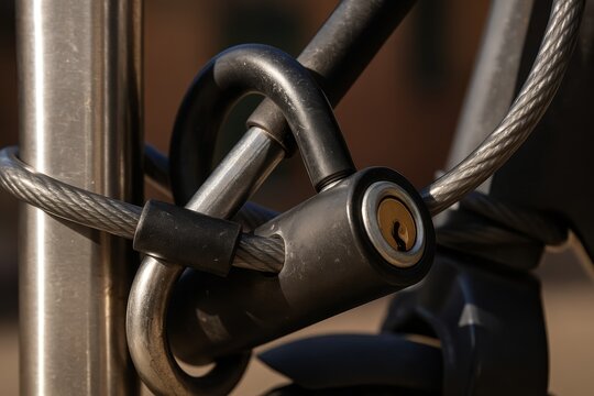 Steel cable lock securing bike to post