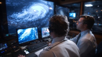Fototapeta premium Meteorologists in a control room analyze real-time swirling storm p...