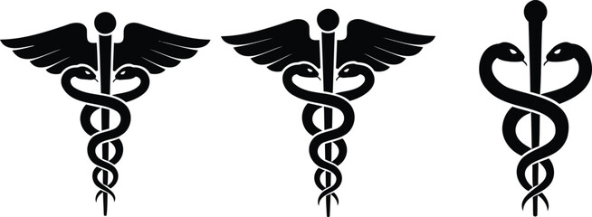 Pharmaceutical icon set. Medical cross, rod and snake symbol. Pharmacy icons,  Rod of Asclepius and pharmacy symbol Bowl of Hygieia. Medical symbol icons set. Star of Life with cross, caduceus,