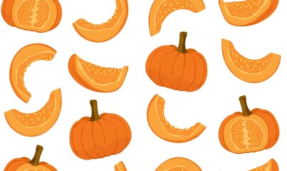Seamless pattern with whole pumpkin and slices. Thanksgiving Day. Vector illustration of autumn pattern for packaging, textiles and printing.