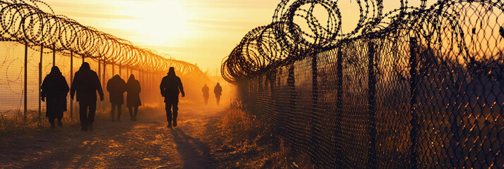 Barbed wire coils lining a pathway at sunset Generative AI