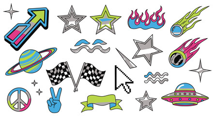 Vibrant retro pop art icons celebrate victory, space, peace, and progress with dynamic flair