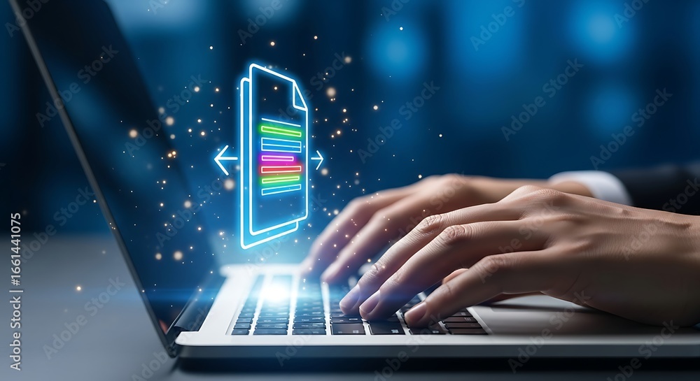 Poster hands typing on laptop with glowing document icon and data transfer computer
