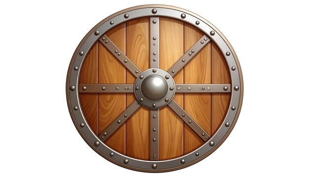 Illustration of a medieval viking shield with wooden texture and steel armor