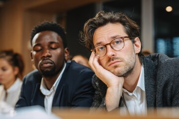 Lack Of Interest. Diverse Men Bored and Unmotivated at Boring Business Meeting