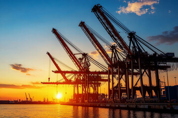 Obraz premium Monumental cranes work at sunset in busy port Generative AI