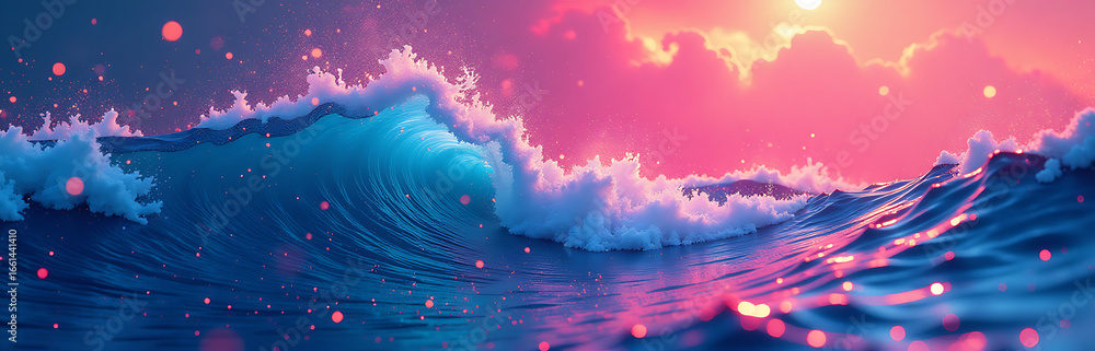 Poster vibrant abstract wave pattern dominates frame set kaleidoscopic background overlaid intricate glitch