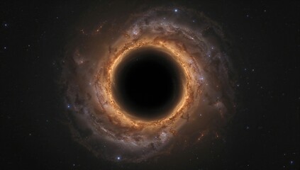 Naklejka premium A deep space view of a black hole surrounded by glowing cosmic dust and stars in a vast universe