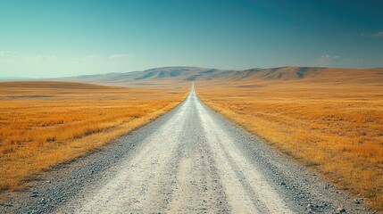 Fototapeta premium Gravel Road Leading To Distant Mountains Under Blue Sky