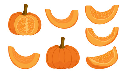 Pumpkin. Set of whole pumpkins, carved and pieces of pumpkin with pulp. Vector illustration on isolated background.