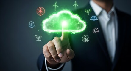Man interacting with digital cloud interface featuring renewable energy and eco symbols hand