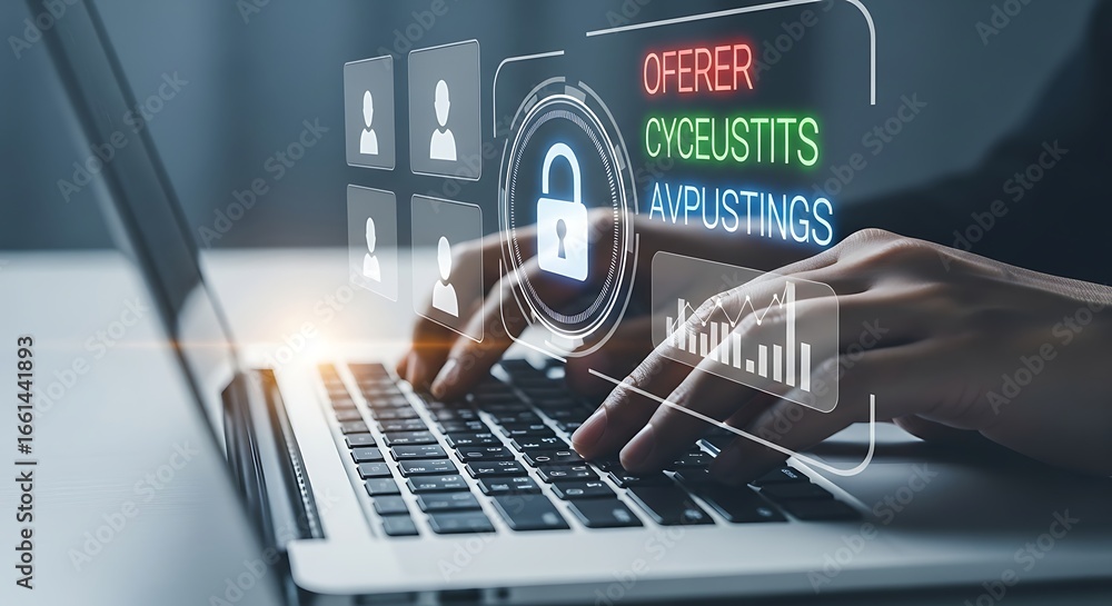 Poster online security and data protection with person using laptop and digital interface