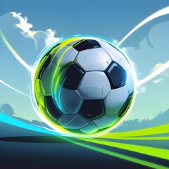 Naklejka premium AI Generative. Soccer Ball withGreen Blue Light Trail. 2
