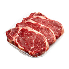 Obraz premium Fresh Raw Beef Steaks in Protective Plastic Packaging for Food Industry Display