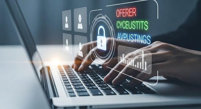 Online security and data protection with person using laptop and digital interface