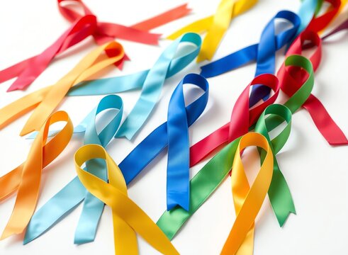an image of a group of colorful ribbons on a white surface, there is a group of colorful ribbons arranged in a circle