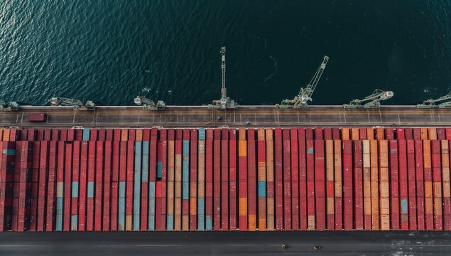 Aerial view of a busy shipping dock filled with colorful shipping containers near water