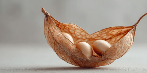 Open chickpea pod displaying four golden chickpeas inside, resting on a light gray surface, embodying a minimalist approach to the harvest season