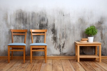 Two wooden chairs and small table facing moldy wall in empty room